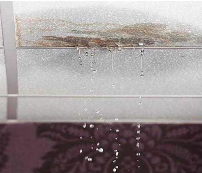 Water dripping from a water damaged office ceiling.